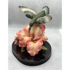 Vintage 6" Hummingbird on Pink Hibiscus Flower Figurine Home Decor Unique Gift